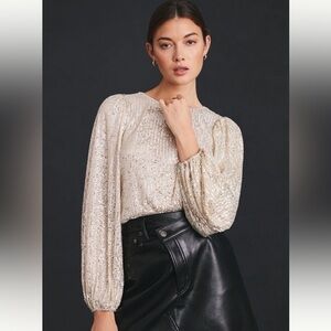 Anthropologie Flat White Sequin Top